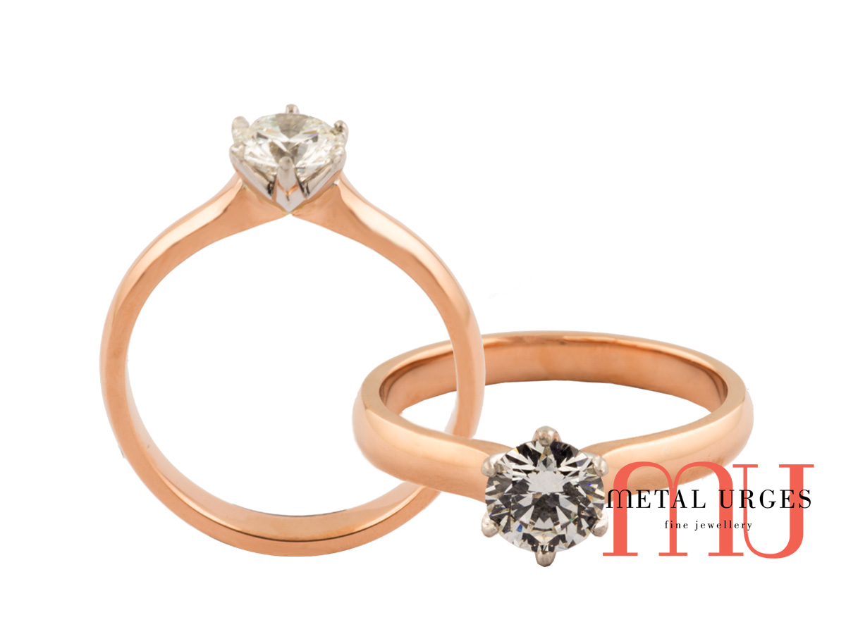 Round brilliant cut white diamond set with six claws into an 18ct rose gold band