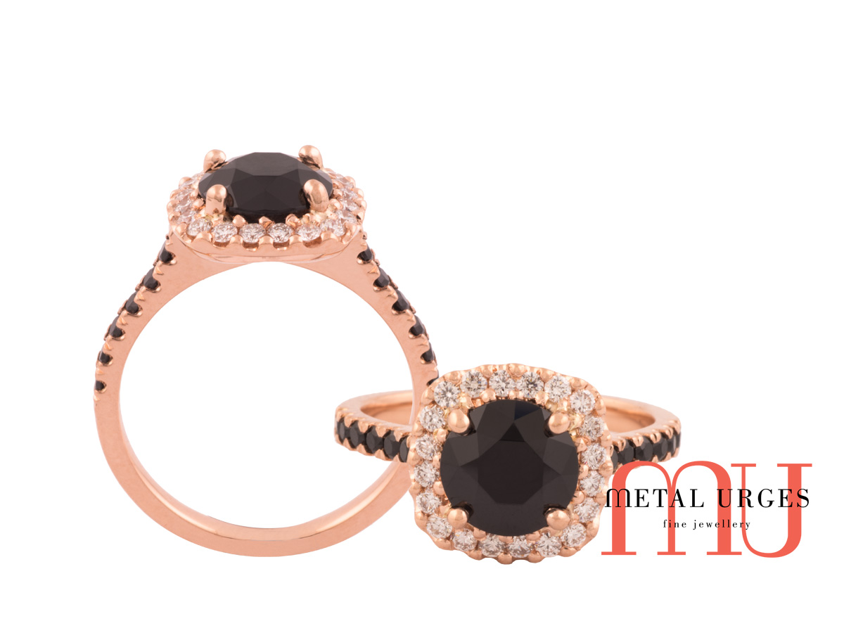 Black spinel claw set with white diamonds in 18ct rose gold ring