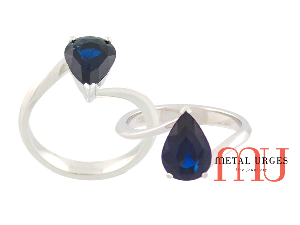 Blue pear shape natural sapphire in organically styled engagement ring
