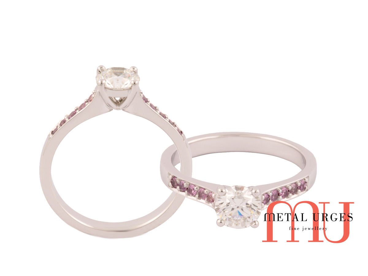 Diamond engagement rings melbourne 4 claw solitaire with pink sapphires