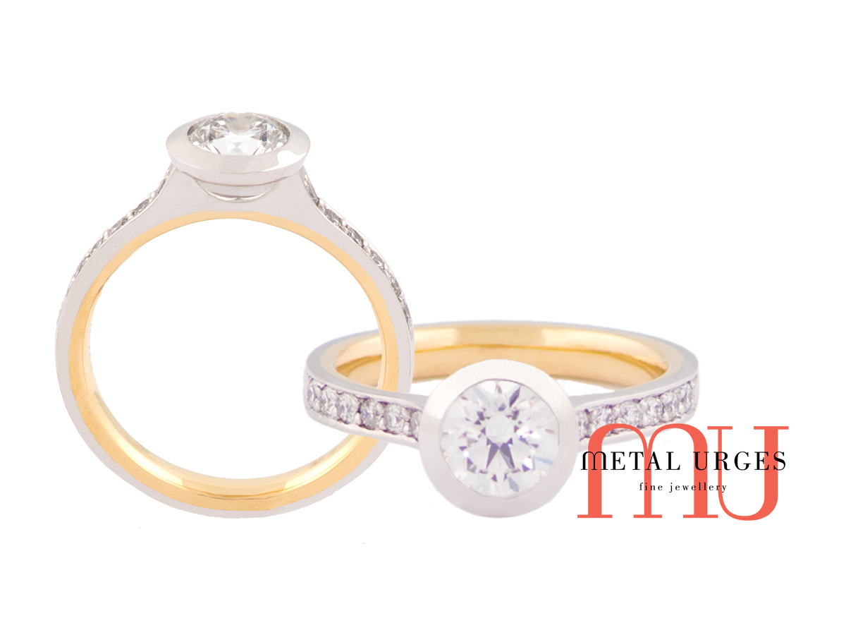 Diamond engagement rings Melbourne, 18 ct white and yellow gold bezal set white diamond