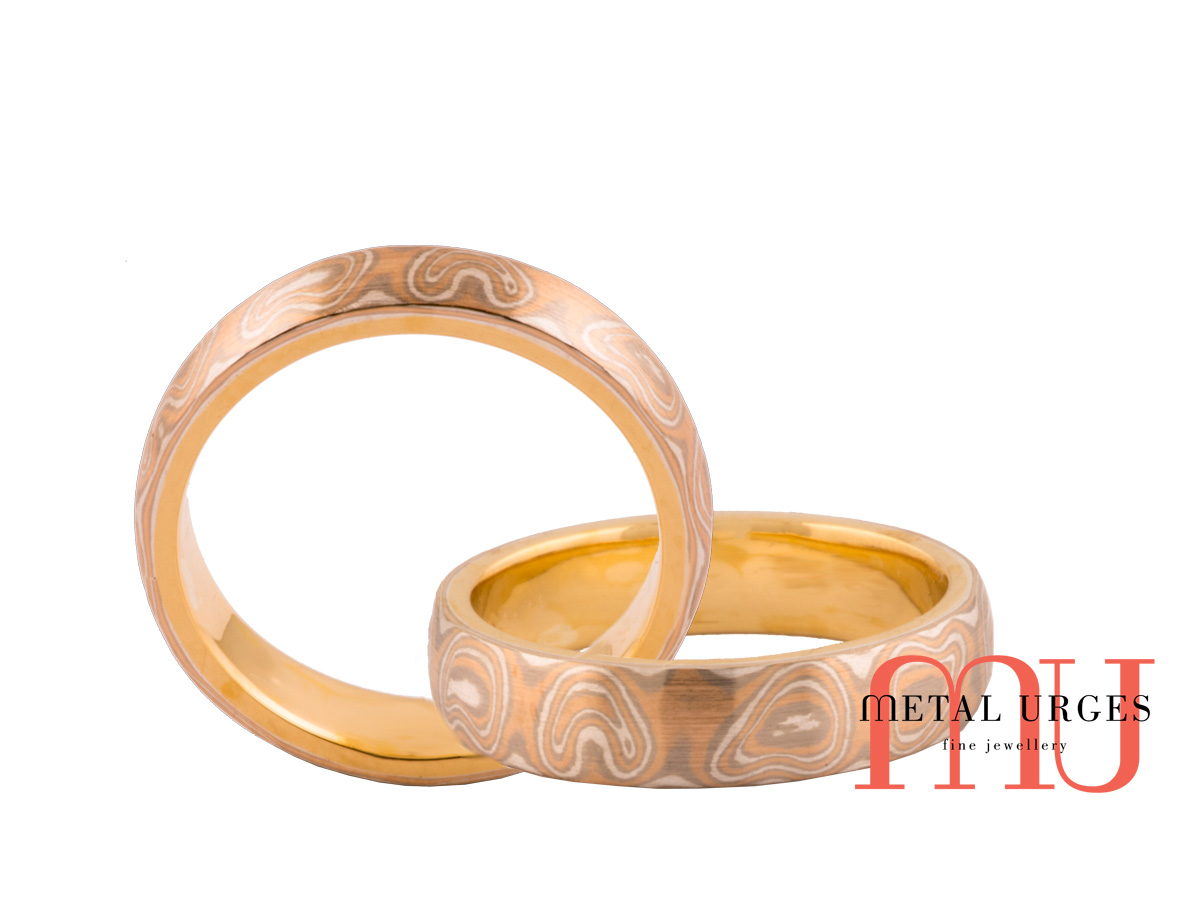 Mokume gane wedding ring lined with 18ct yellow gold