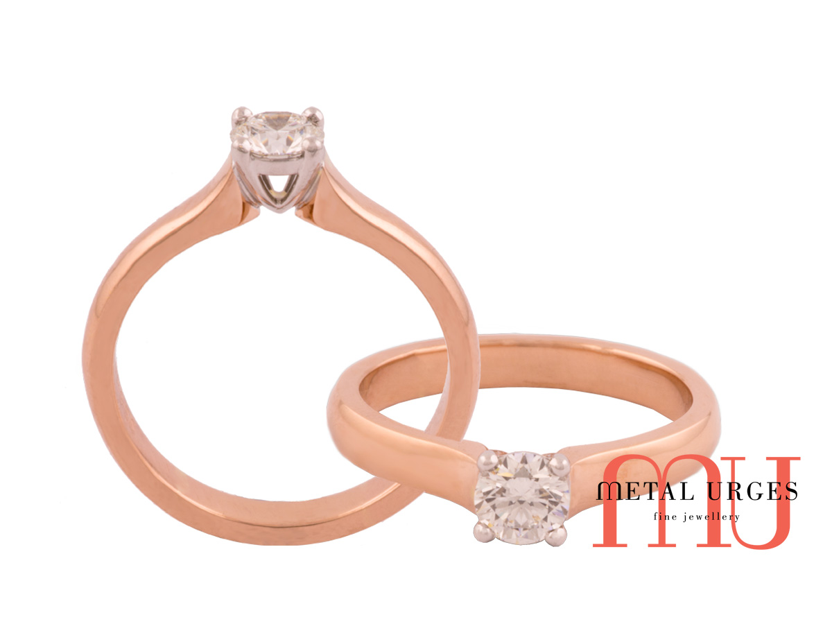 Round brilliant cut white diamond engagement ring with 18ct rose gold