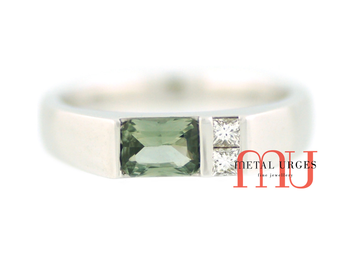 Green Ceylonese sapphire and white diamond sushi box engagement ring in 18ct white gold. Custom made in Australia.