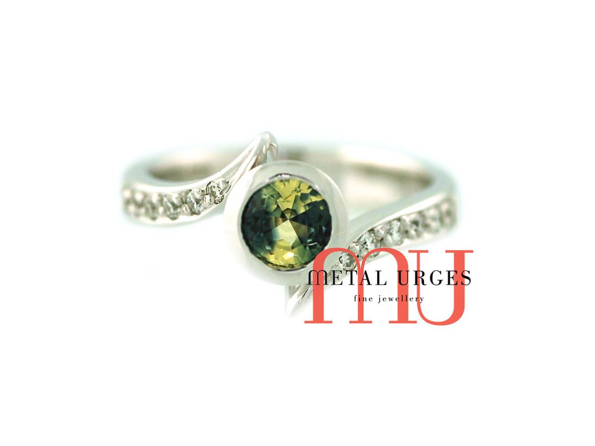 Natural Australian parti sapphire and white diamond engagement ring in 18ct white gold. Custom made in Australia.
