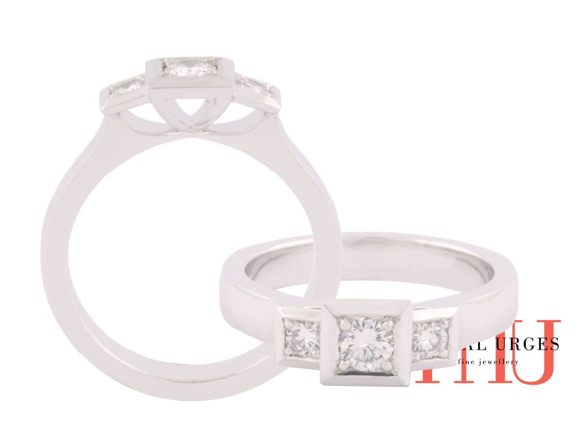 Square shape three stone bezel set white diamond in 18ct white gold