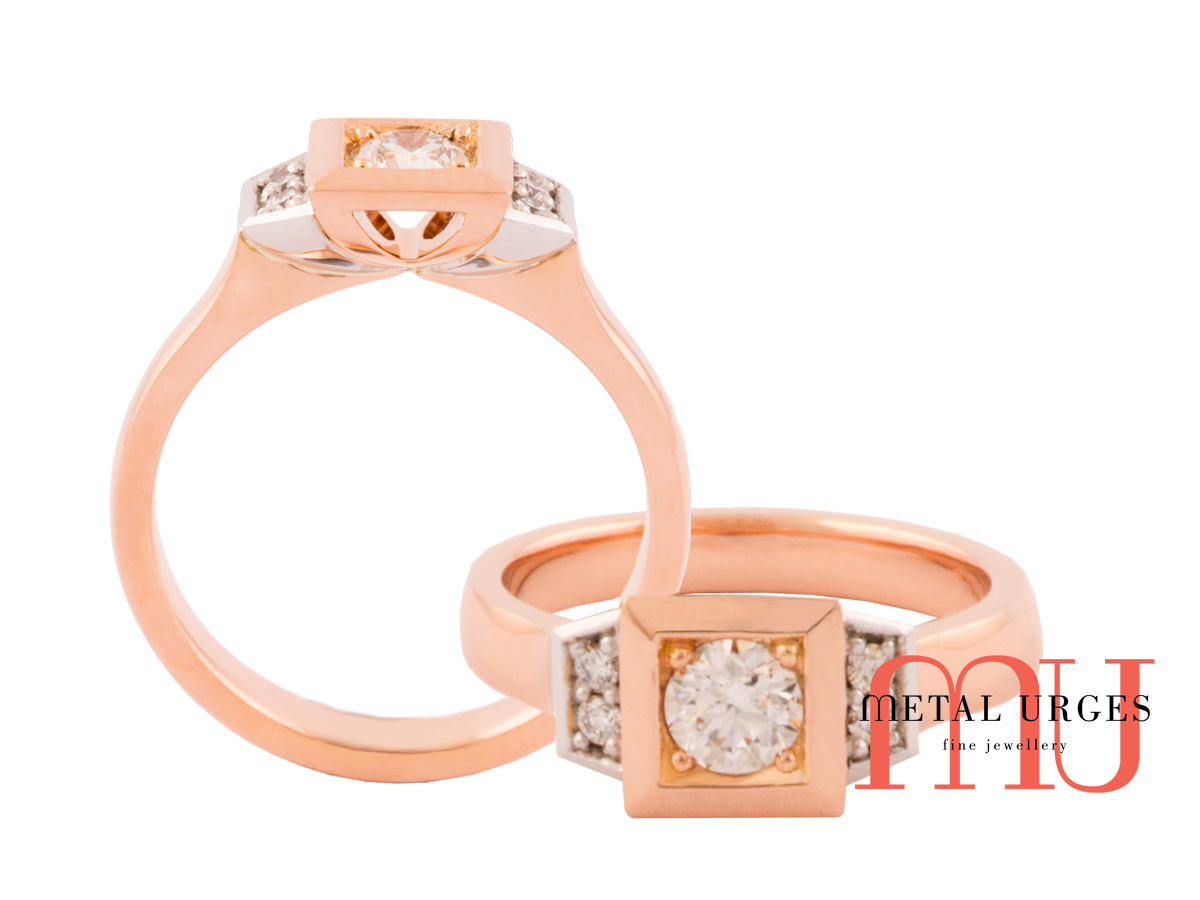 White diamond ring claw set in square setting with 18ct white and rose gold