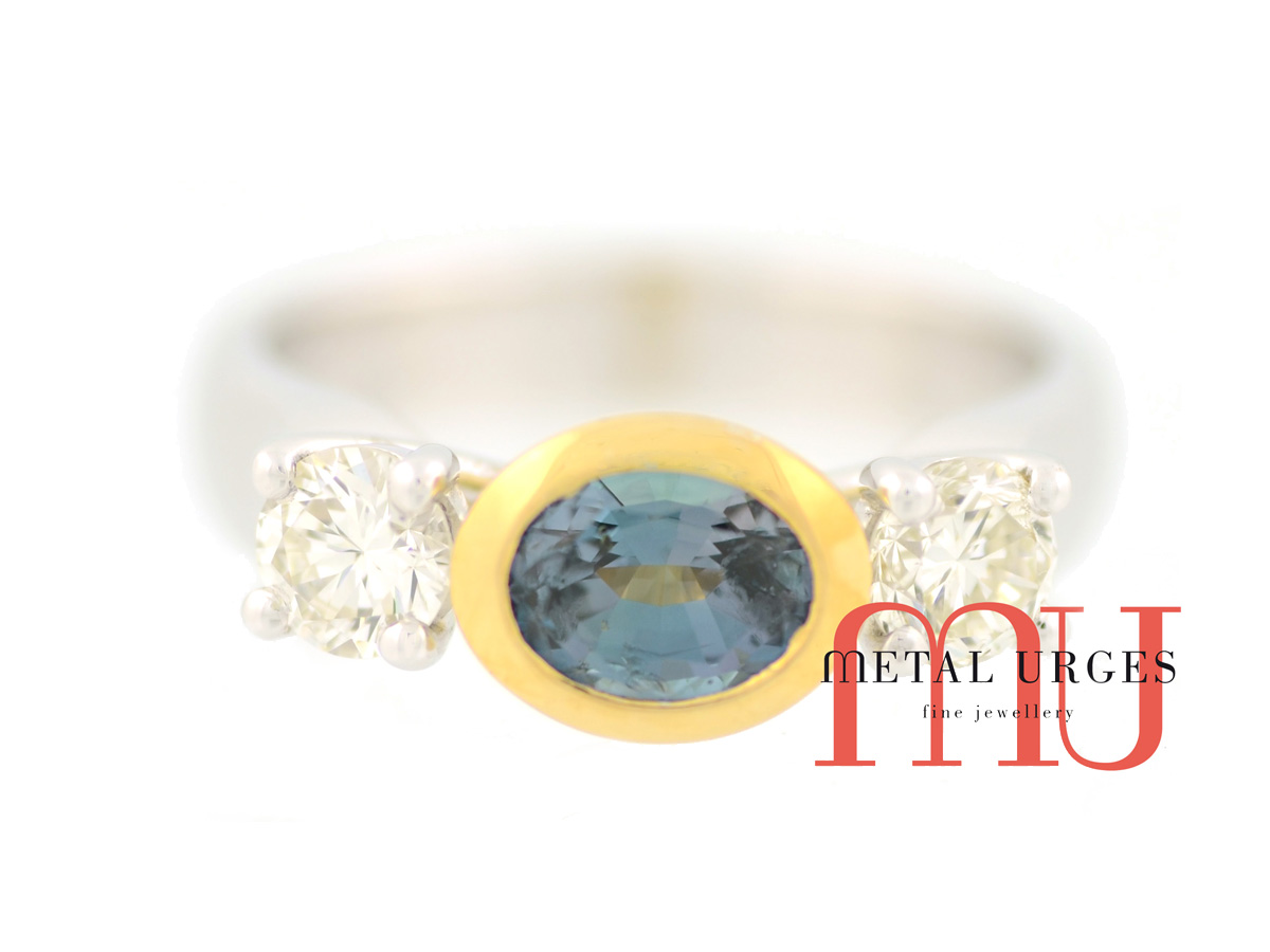 Rare Alexandrite and white diamond engagement ring in 18ct white gold. Custom made in Australia.