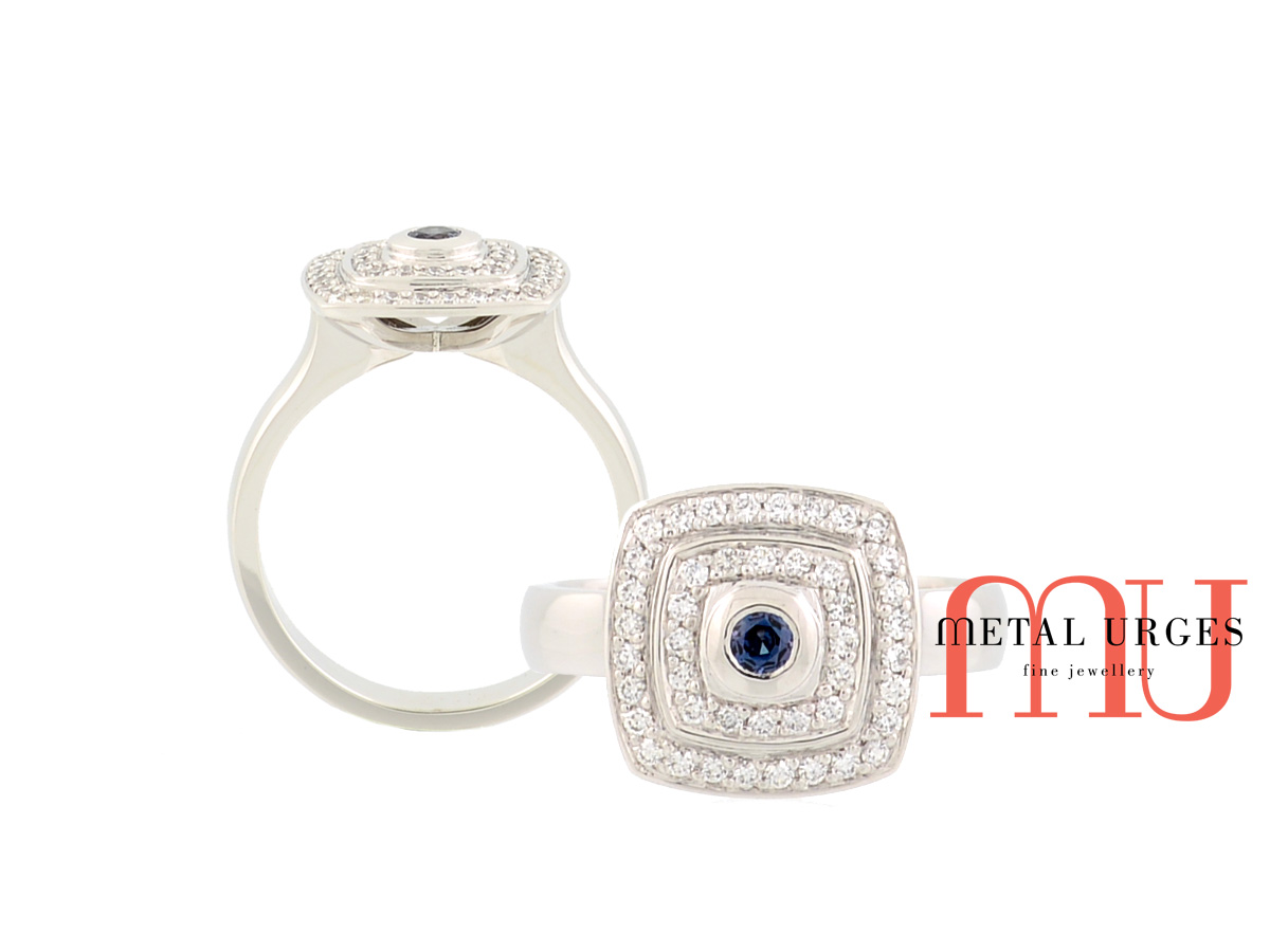 Alexandrite, white diamond 18ct white gold engagement ring. Custom made in Australia.