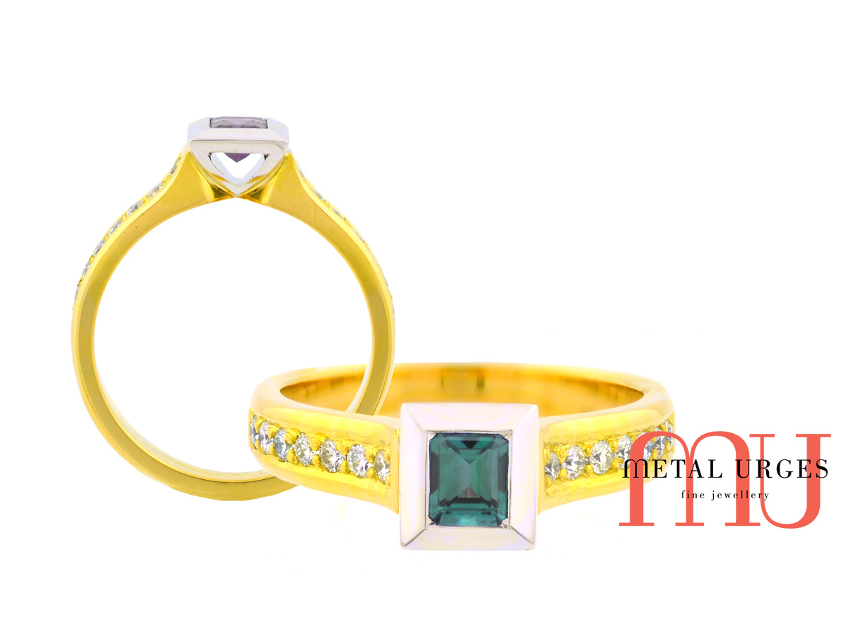 Rare Alexandrite, diamond and 18ct gold engagement ring. Custom made in Australia.
