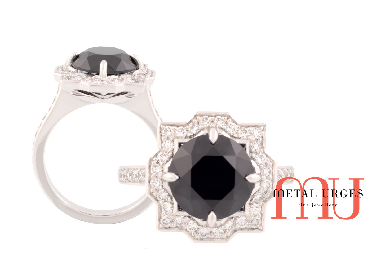 Art deco unique black spinel and white diamond 18ct white gold ring. Custom made in Australia.