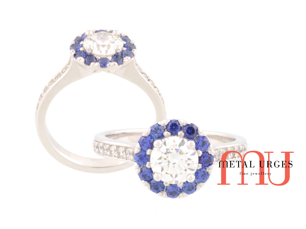 Art Deco white diamond and Sri Lankan blue sapphire 18ct white gold engagement ring.  Hand made in Hobart.