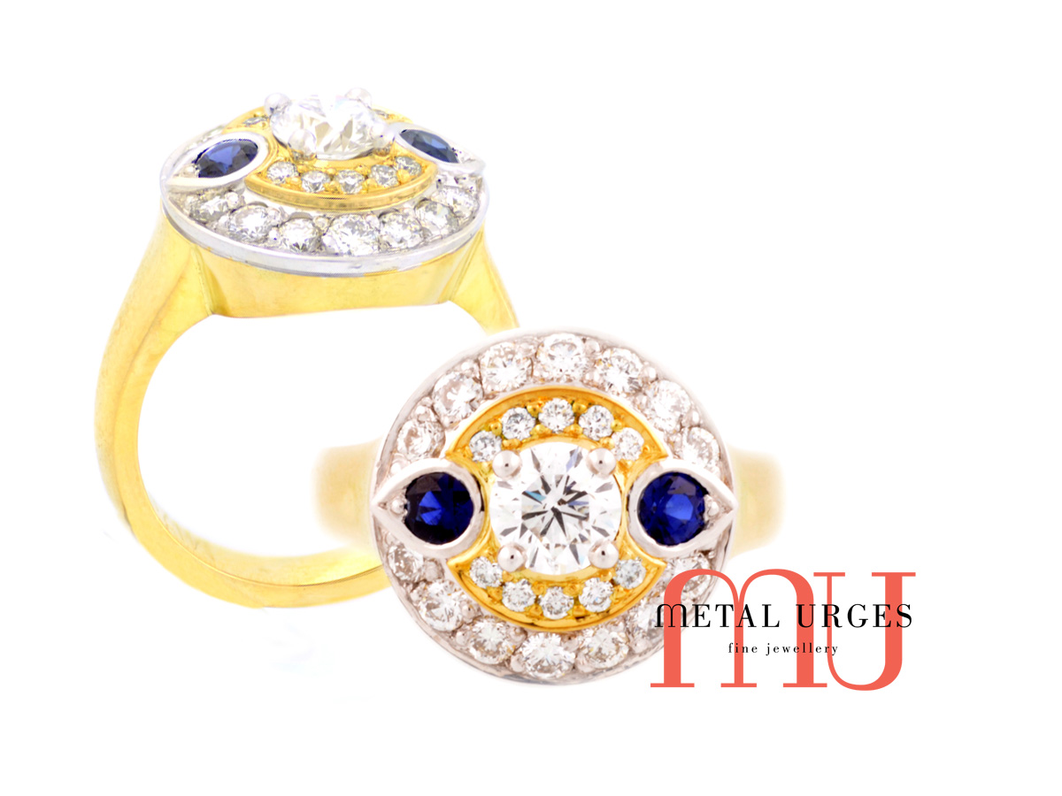 Art Deco 18ct white and yellow gold, natural round brilliant cut GIA certified white diamond modern cluster with blue Sri Lankan round sapphires.  Custom made in Hobart.