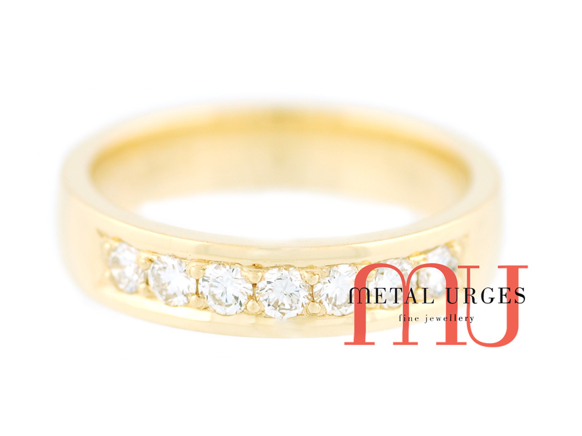White diamond and 18ct yellow gold wedding ring. Custom made in Australia.