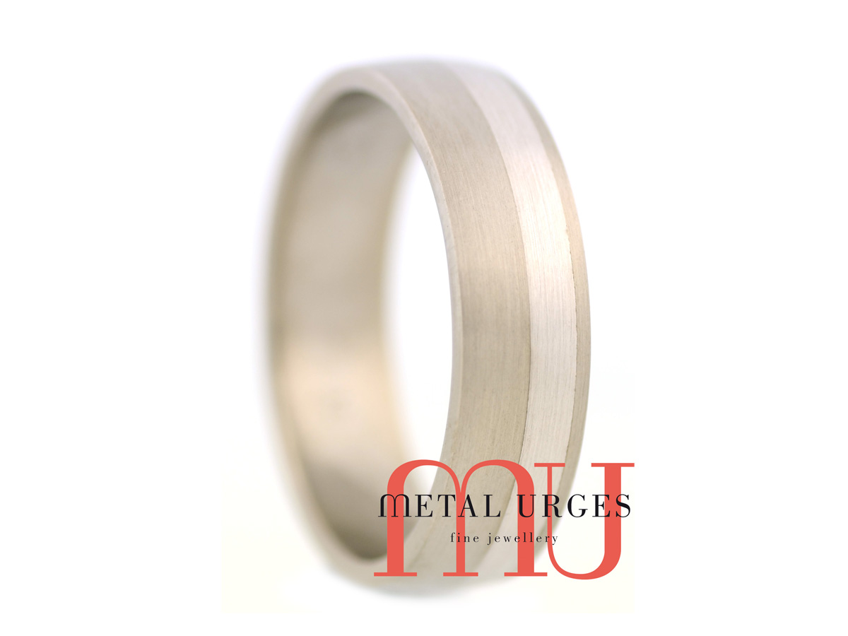 Brushed titanium and 18ct white gold wedding ring. Custom made in Australia.