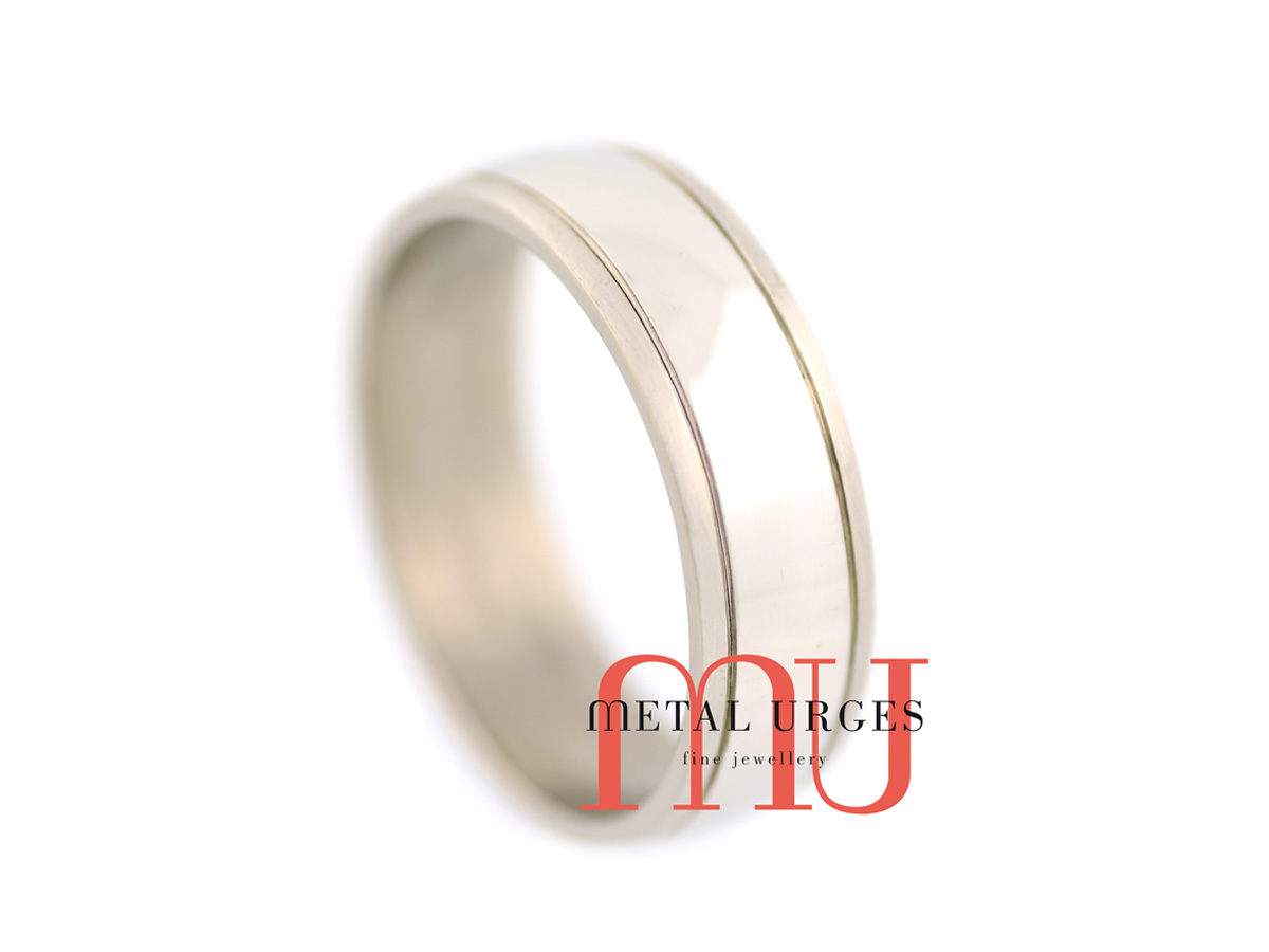 Polished and brushed white gold wedding ring. Custom made in Australia.