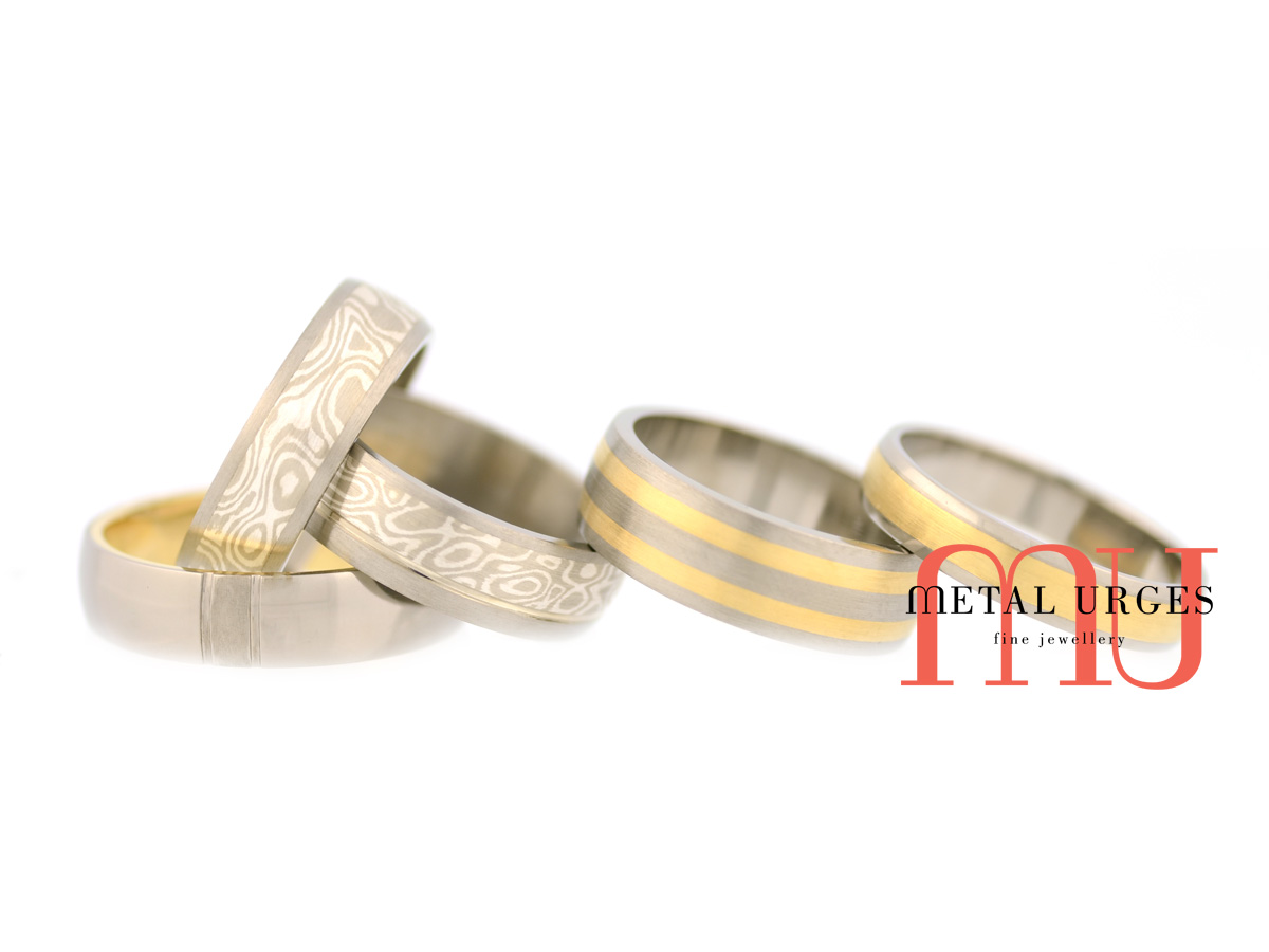 Mokume gane, 18ct yellow gold and titanium wedding rings. Custom made in Australia.