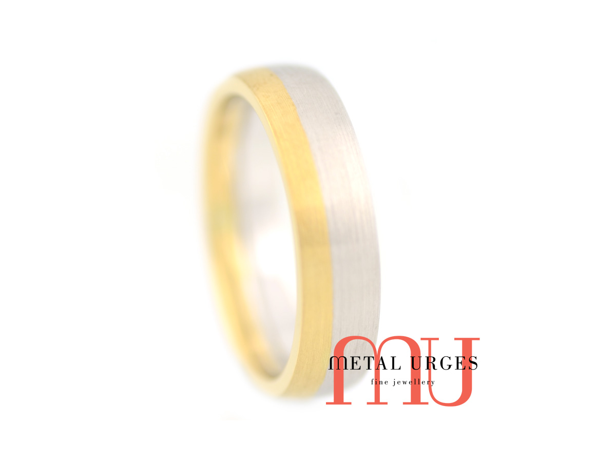 Matte 18ct white and yellow gold wedding ring. Custom made in Australia.