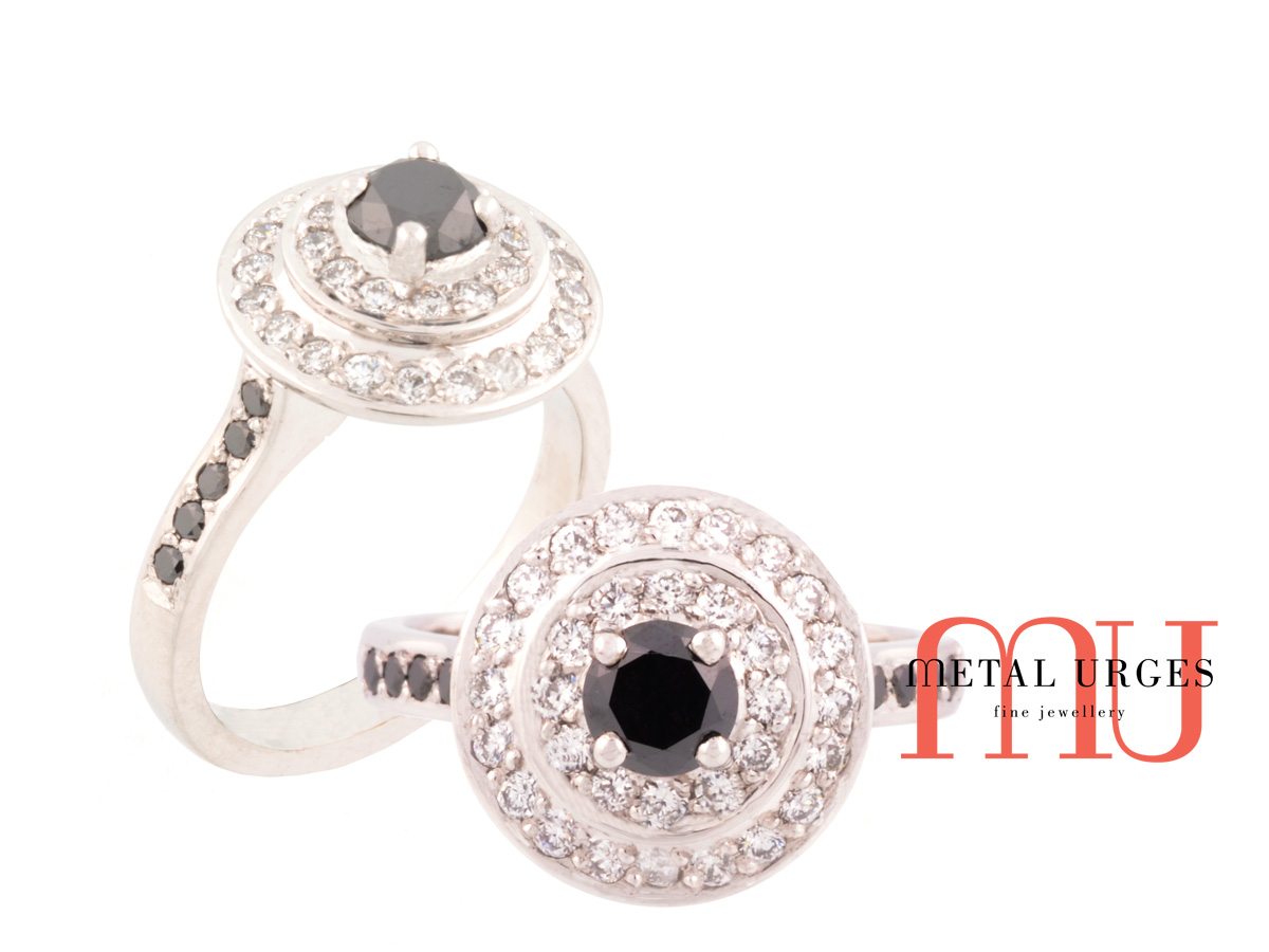 Round brilliant cut black and white diamond engagement ring in 18ct white gold. Custom made in Australia.