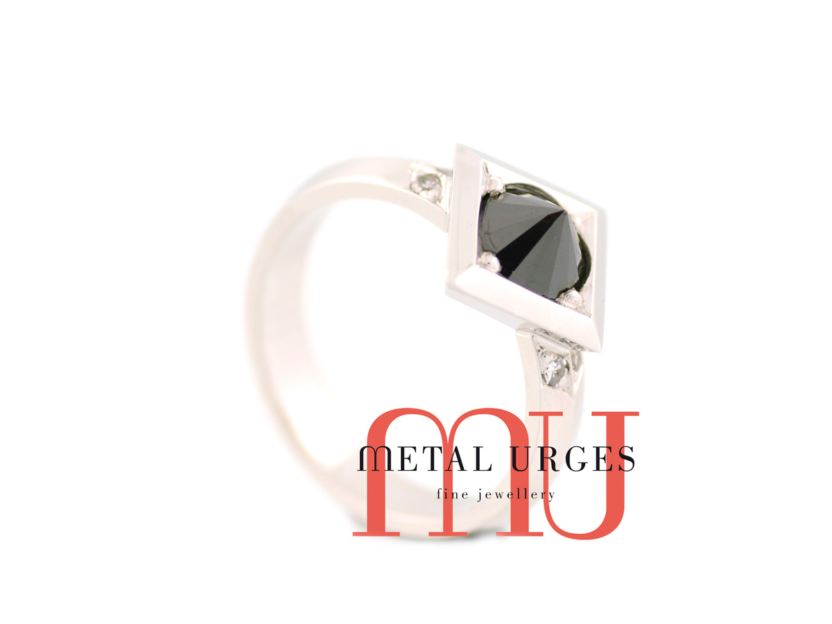 Jewellers Hobart, Art deco rare black diamond engagement ring in 18ct white gold. Custom made in Australia.