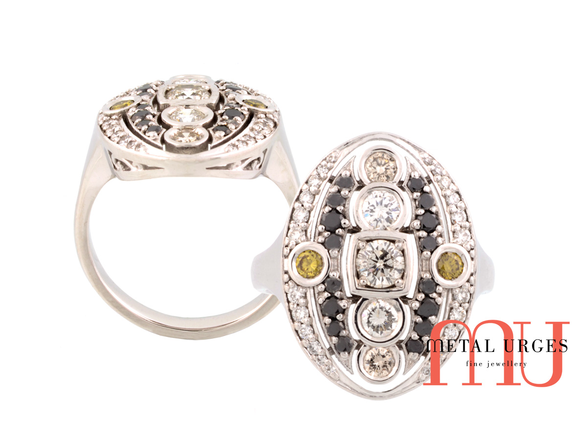 Art deco 18ct white gold, green, natural white and black diamond ring.