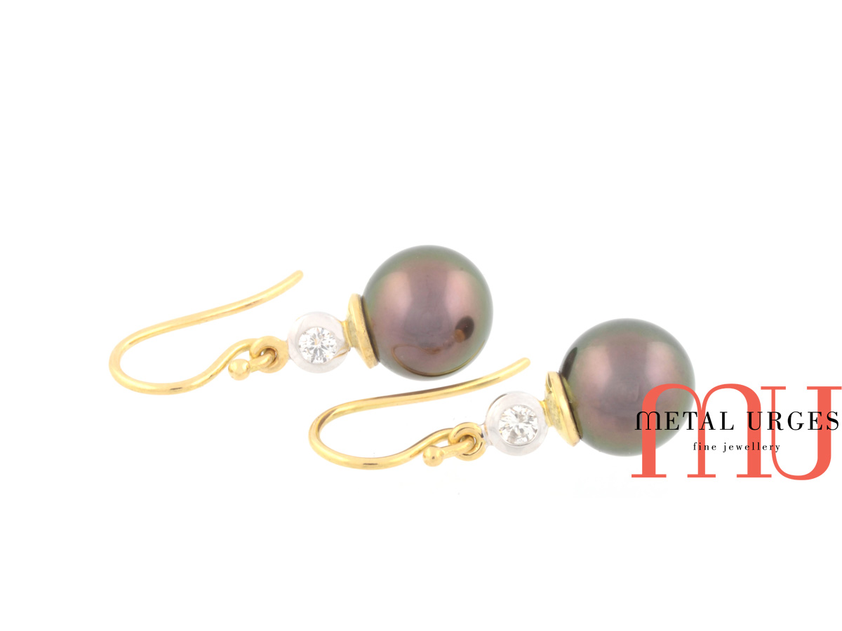 Jewellers Hobart, Black Tahitian pearl and white diamond drop earrings in 18ct yellow and white gold. Custom made in Tasmania, Australia.
