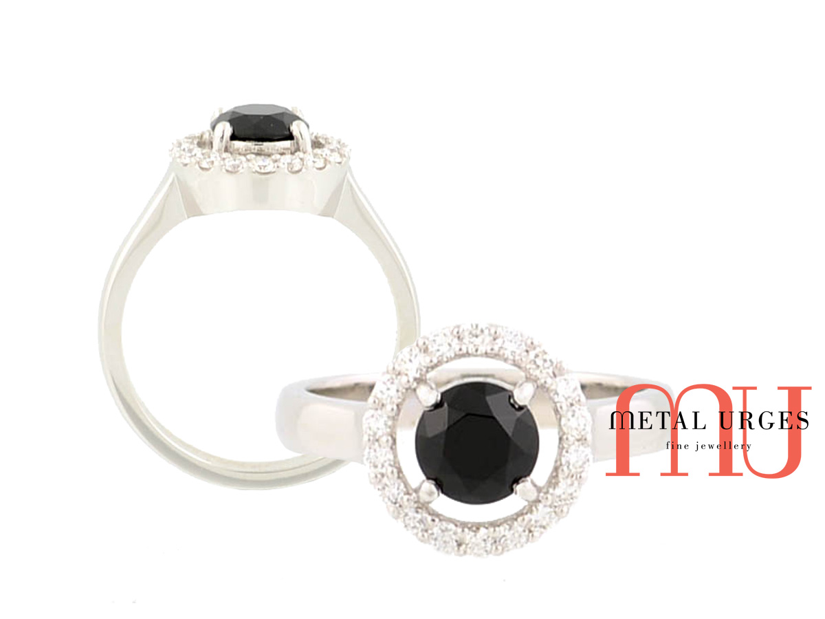 Black spinel, white diamond halo ring in 18ct white gold. Custom made in Australia.