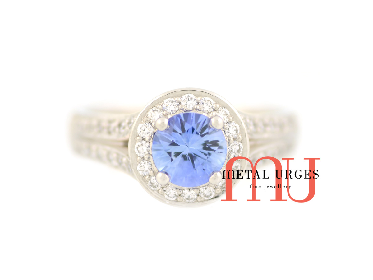 Blue sapphire and white diamond modern cluster engagement ring. Custom made in Australia.