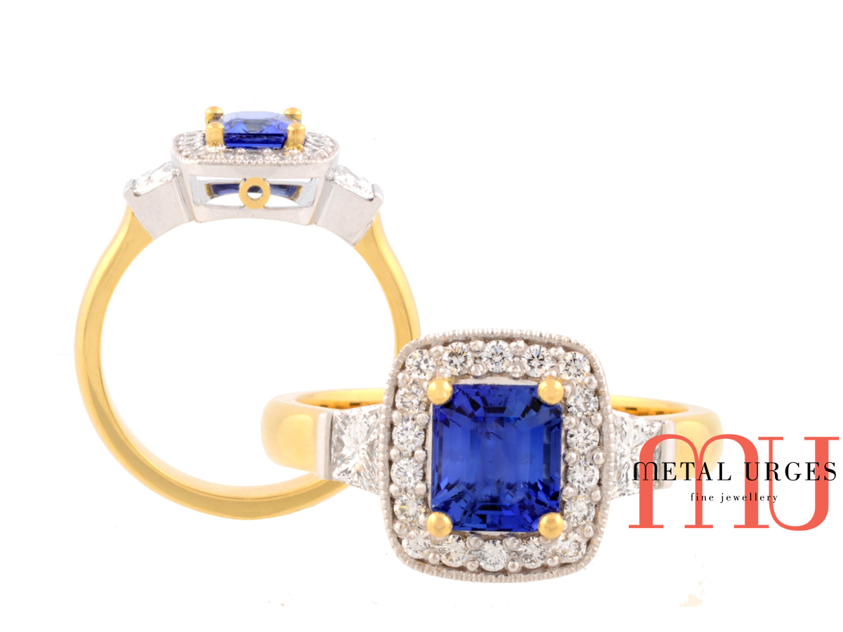 Vintage inspired blue sapphire and white diamond 18ct gold ring. Custom made in Australia.