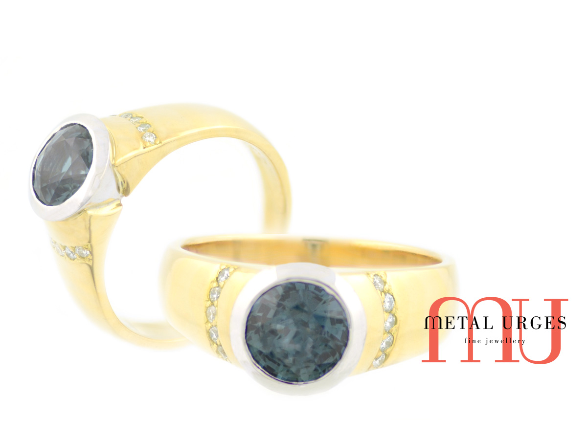 Blue sapphire and white diamond ring in 18ct gold. Custom made in Australia.