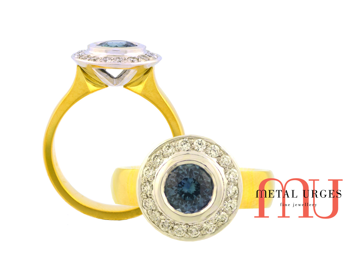 Natural blue green sapphire modern cluster engagement ring. Custom made in Australia.