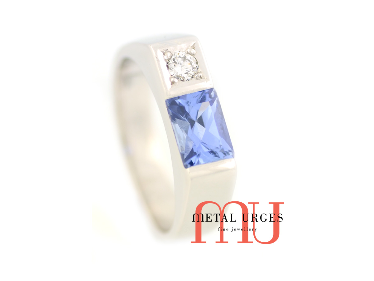 Sushi box engagement ring. Radiant cut blue Sri Lankan sapphire and white diamond, 18ct white gold sushi box engagement ring. Custom made in Australia.