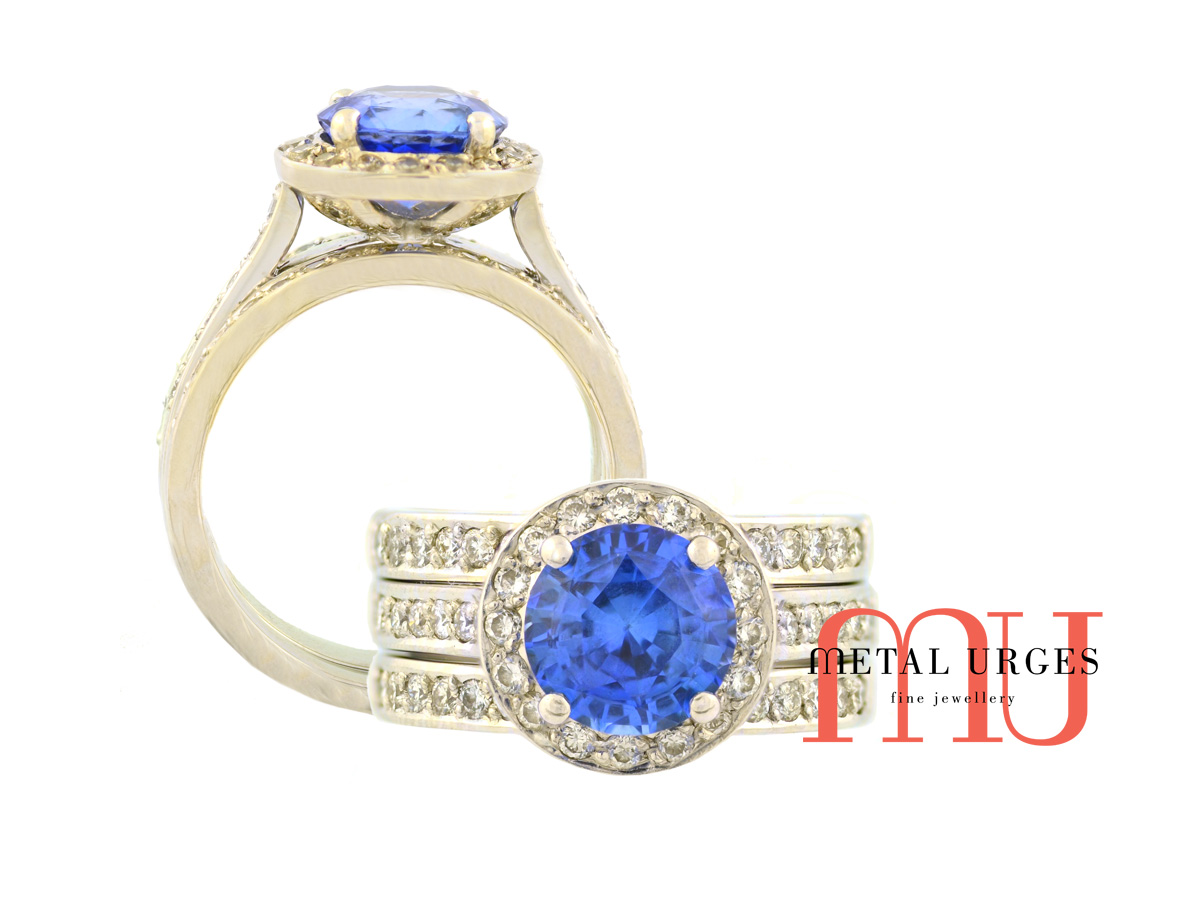 Vibrant blue sapphire engagement ring with white diamonds. Custom made in Australia.
