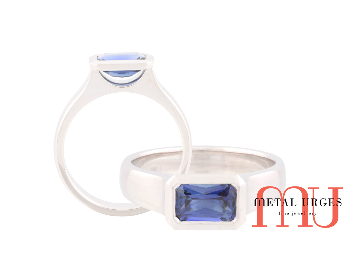 Blue sapphire and 18ct white gold engagement ring. Custom made in Australia.