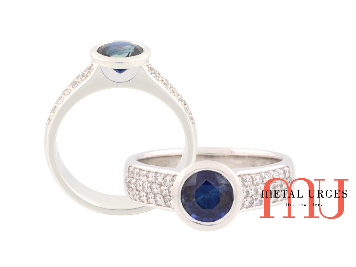 Jewellers Hobart, Deep blue sapphire and white diamond engagement ring in platinum. Custom made in Australia.