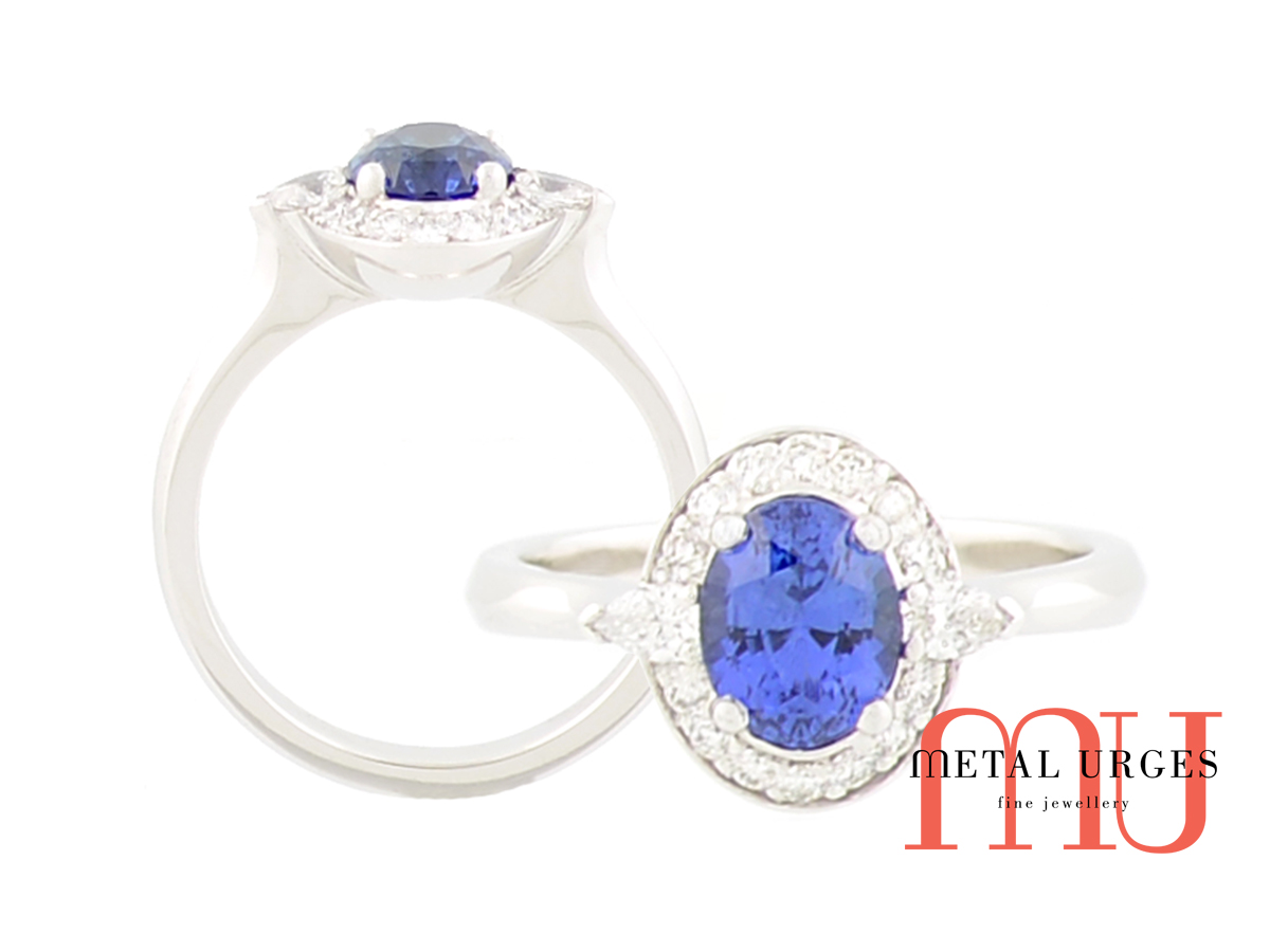 Blue sapphire, white diamond and 18ct white gold cluster ring. Custom made in Australia.