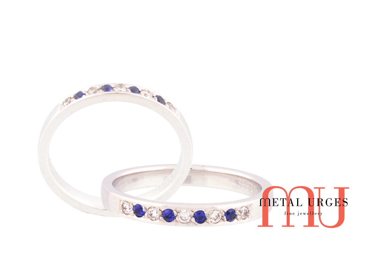 Blue sapphire and round white diamond wedding ring in 18ct white gold. Custom made in Australia.