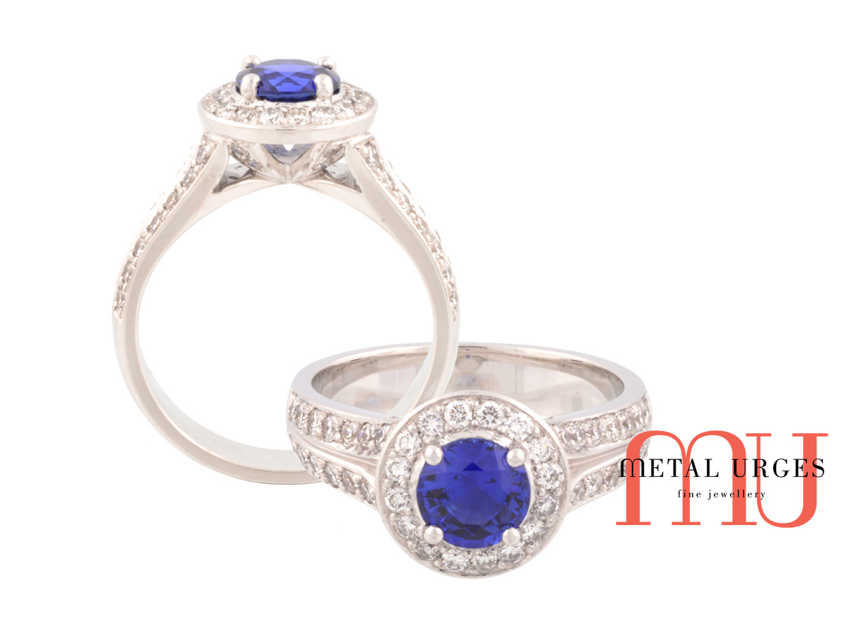 Natural blue sapphire and white diamond moderin cluster engagement ring. Custom made in Australia.