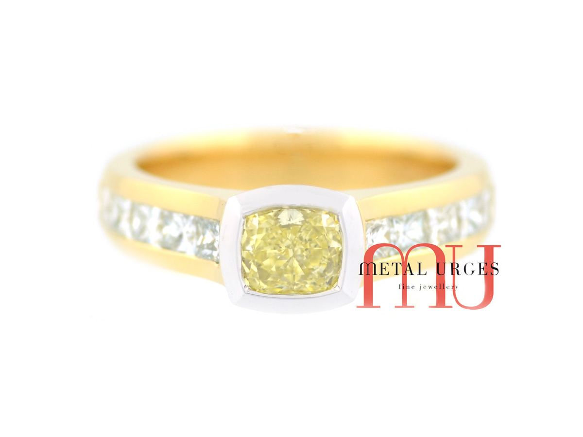 Canary yellow and white diamond engagement ring. Custom made in Australia.