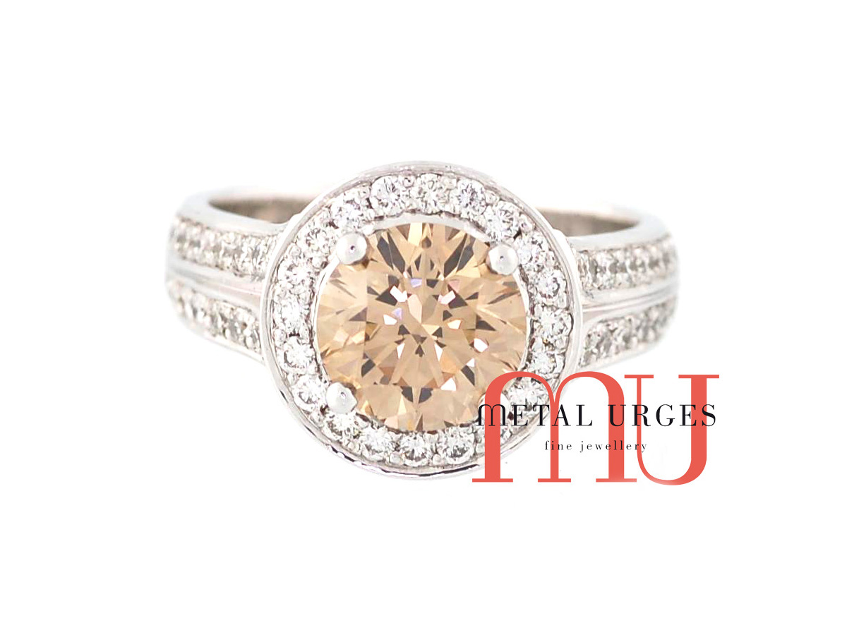 Modern cluster Australian Argyle champagne diamond engagement ring in 18ct white gold.  Custom made in Hobart.