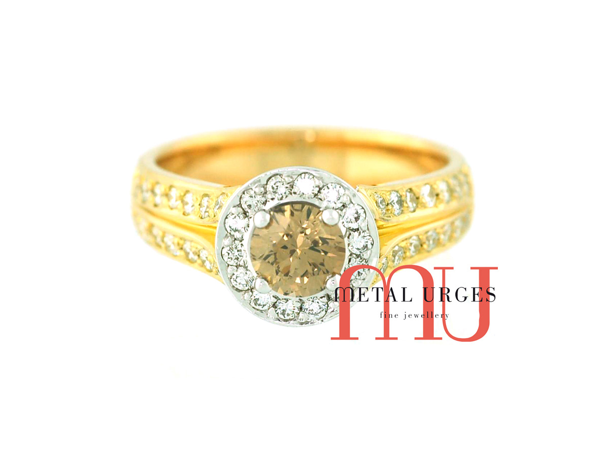 Champagne diamond modern cluster white diamond diamond engagement ring.  Custom made in Australia.