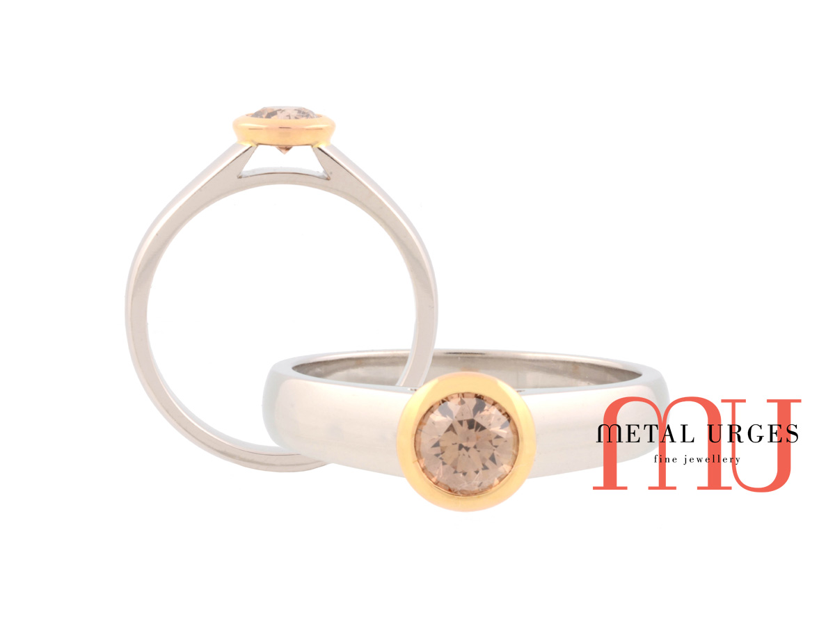 Champagne diamond engagement ring in 18ct white and yellow gold. Custom made by hand in Australia.