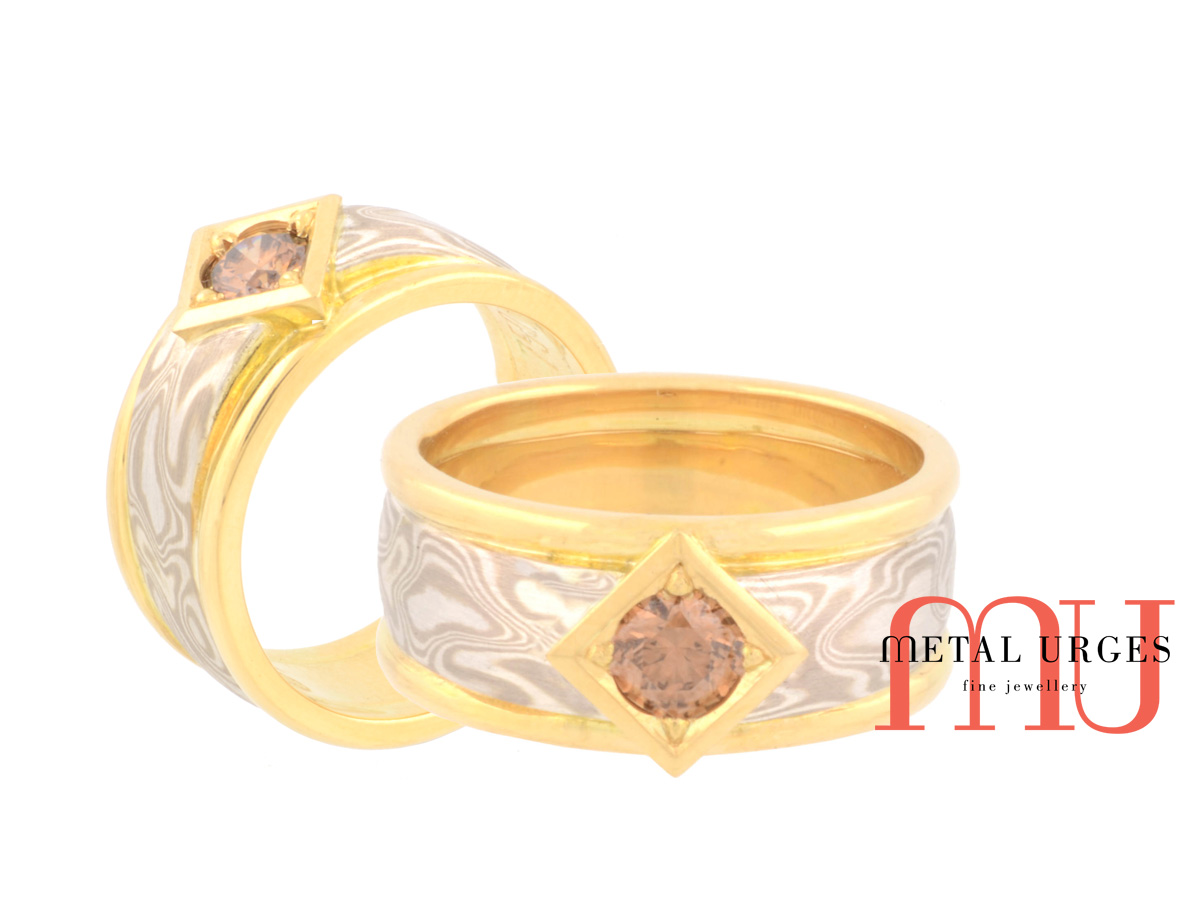 Champagne diamond engagement ring with 18ct yellow gold, white gold and silver Mokume Gane band engagement ring. Custom made in Australia.