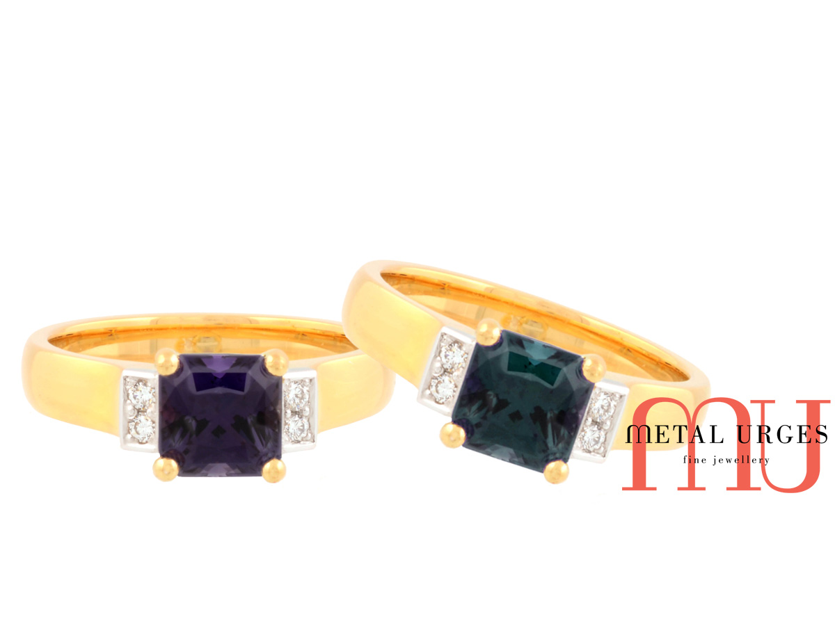 Rare alexandrite colour change engagement ring with white diamonds and 18ct gold. Custom made in Australia.
