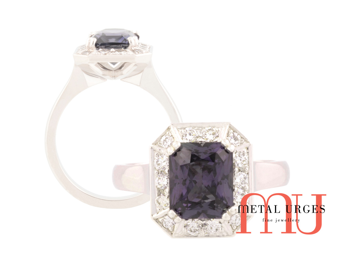 Nnatural colour change sapphire and white diamond platinum engagement ring. Custom made in Australia.