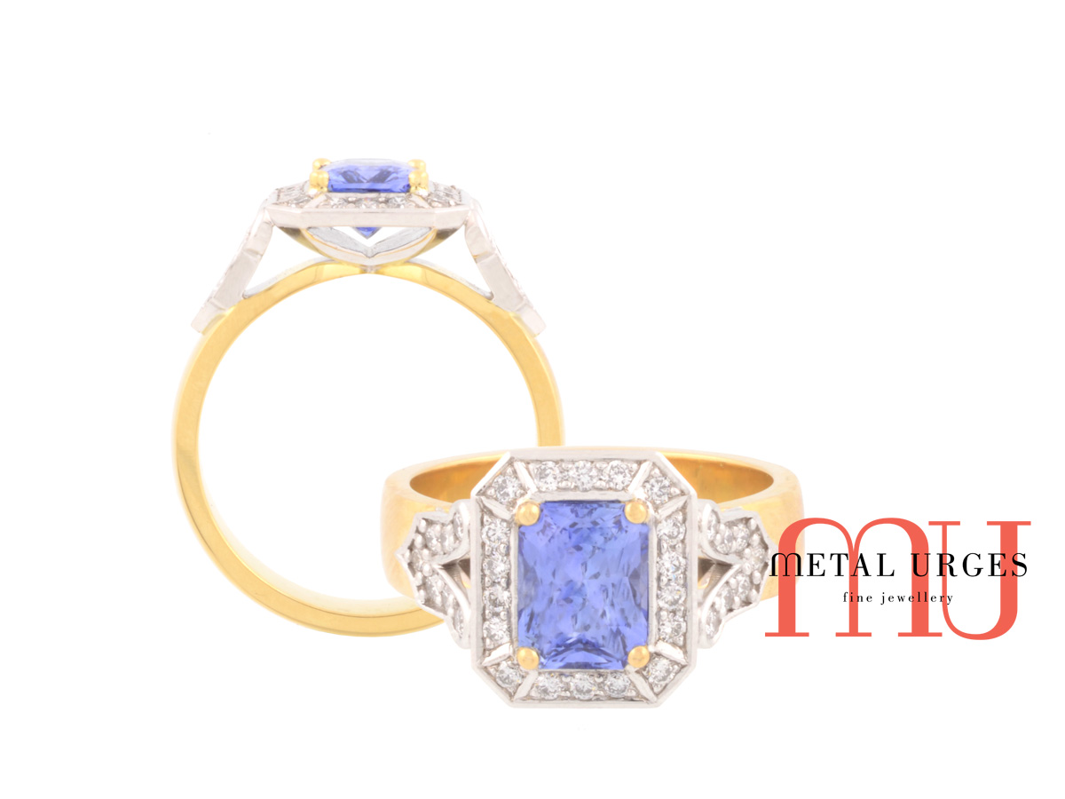 Vintage inspired light blue sapphire and diamond 18ct gold ring. Custom made in Australia.