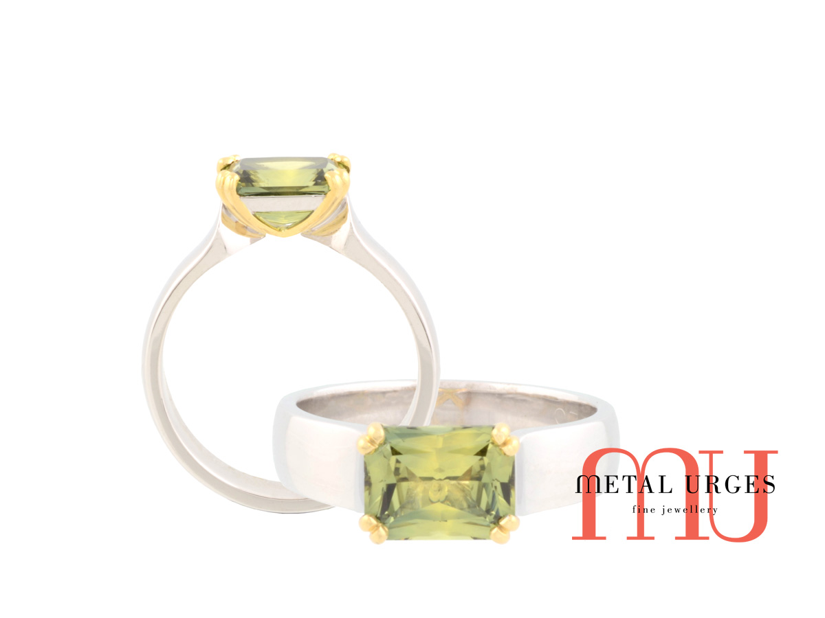Green sapphire and 18ct gold four claw engagement ring. Custom made in Australia.