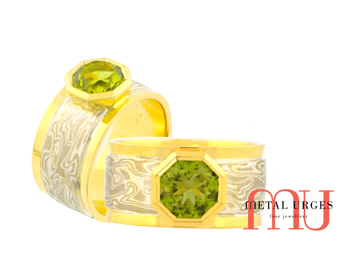 Green sapphire dress ring with an 18ct yellow gold and Mokume Gane. Custom made in Australia.