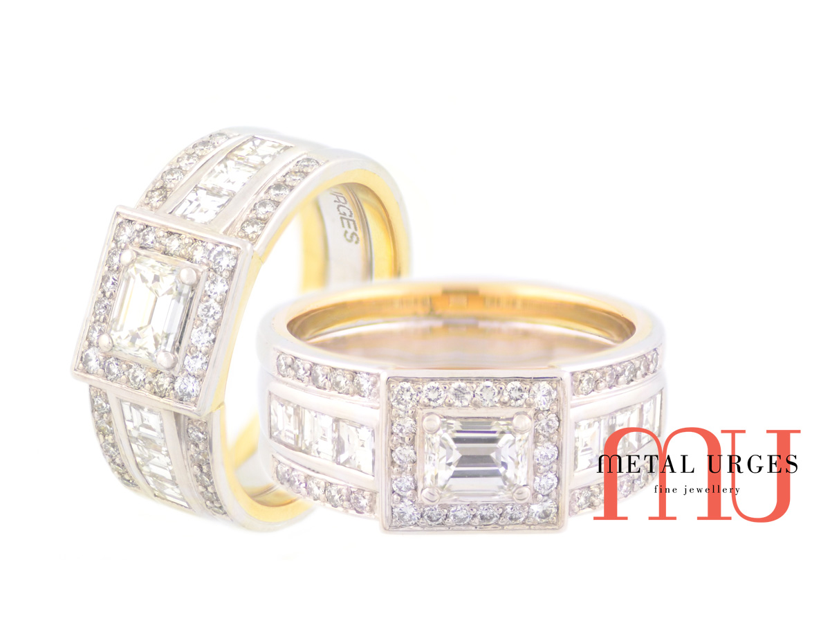 Emerald cut and princess cut white diamond engagement ring. Custom made in Australia