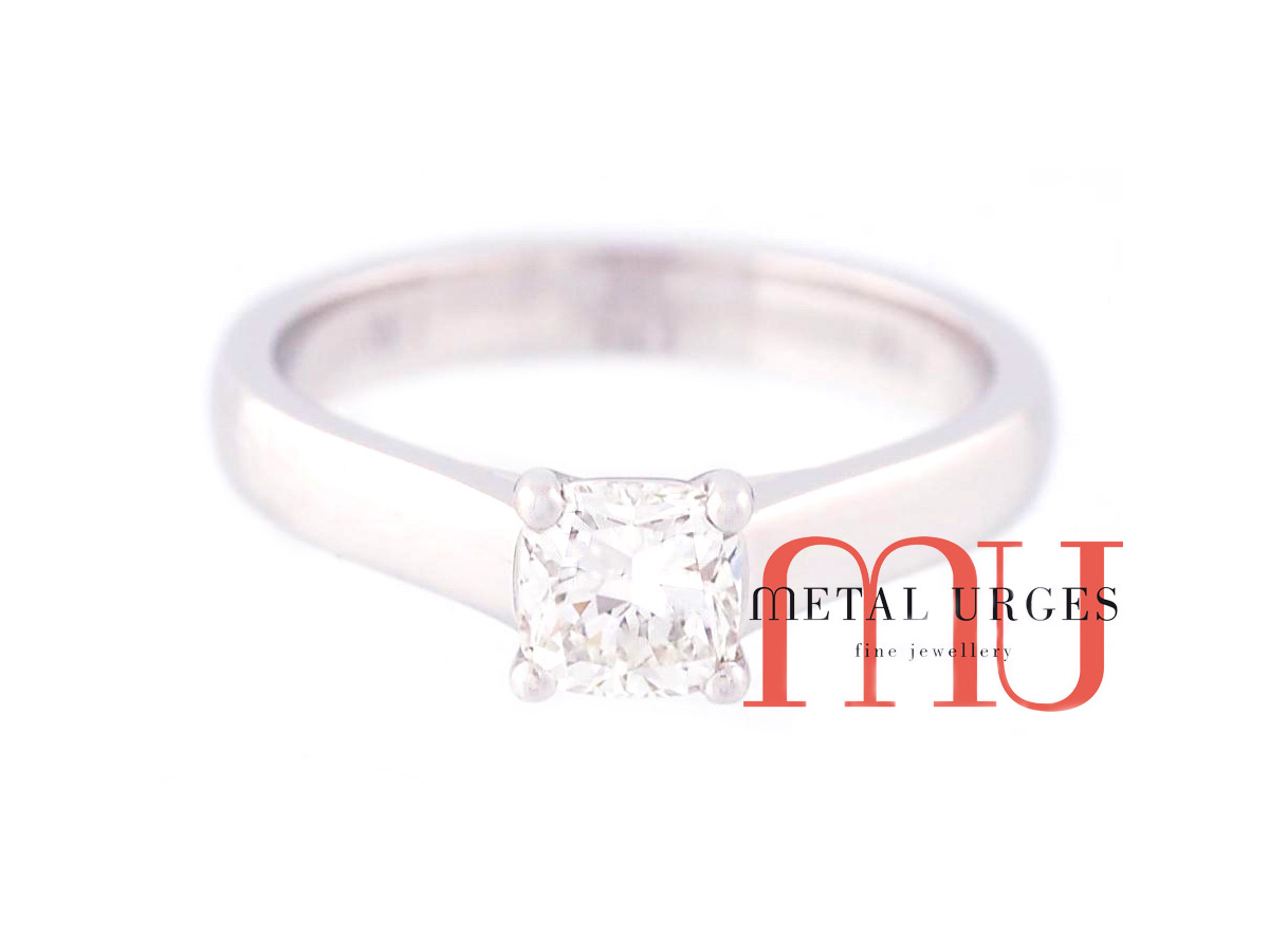 Cushion cut white diamond 18ct white gold engagement ring. Custom made in Australia.